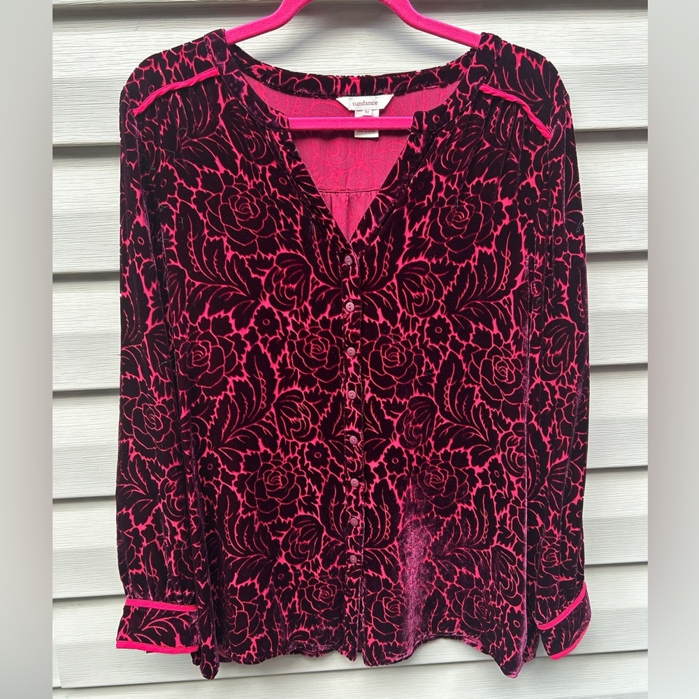 Sundance size M red silk blend flocked velvet floral button blouse Whimsigoth